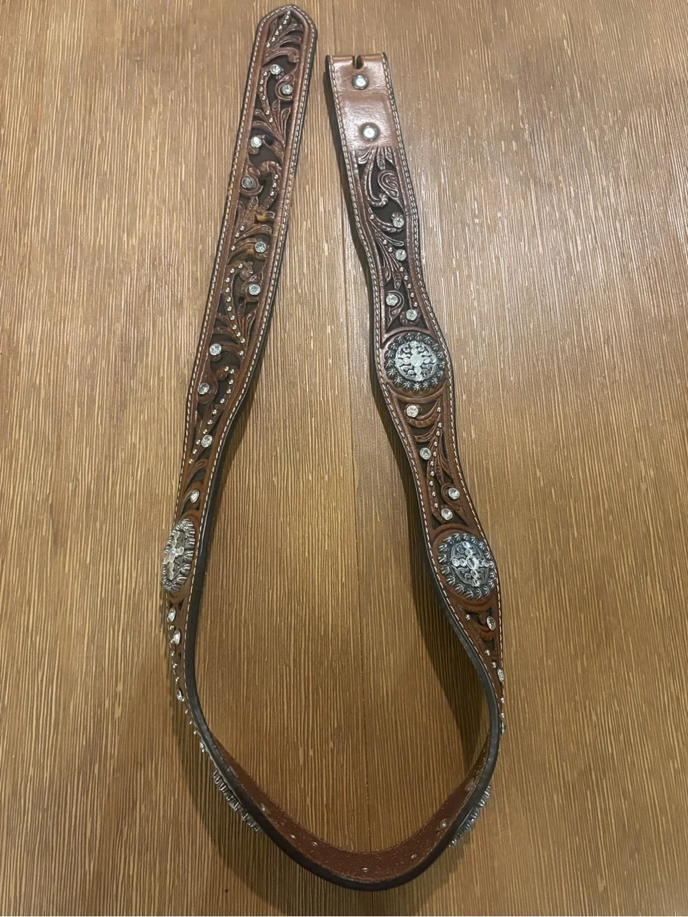 Ariat Western Embossed Tooled Brown Leather Belt with Concho Accents M